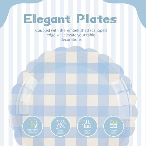 PUEVENYI 50PCS Light Blue Scalloped Paper Plates - 9Inch Striped Dessert Plates for Cake Salad Fruit Disposable Decorative Dinner Dessert Serving Plates for Birthday Baby Shower Wedding Party Supplies - Image 3