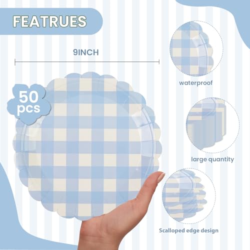 PUEVENYI 50PCS Light Blue Scalloped Paper Plates - 9Inch Striped Dessert Plates for Cake Salad Fruit Disposable Decorative Dinner Dessert Serving Plates for Birthday Baby Shower Wedding Party Supplies - Image 2