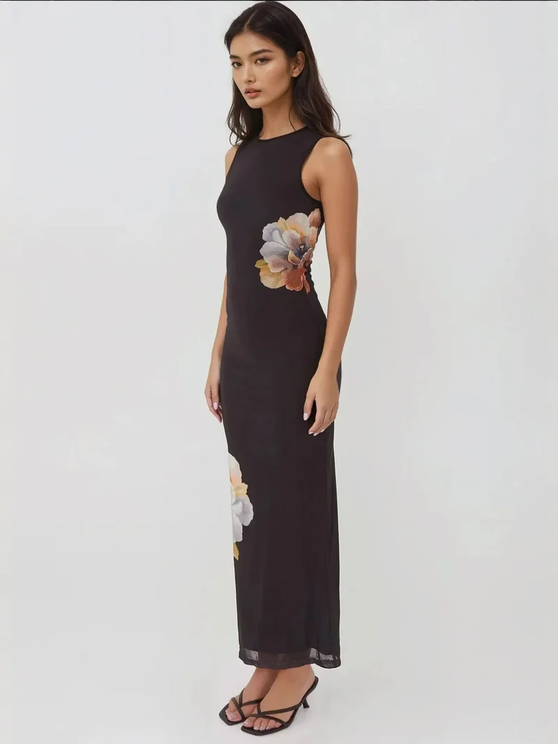 HICCUP Black Flowering Crew Neck Bodycon Dress for Women | Best Price UAE
