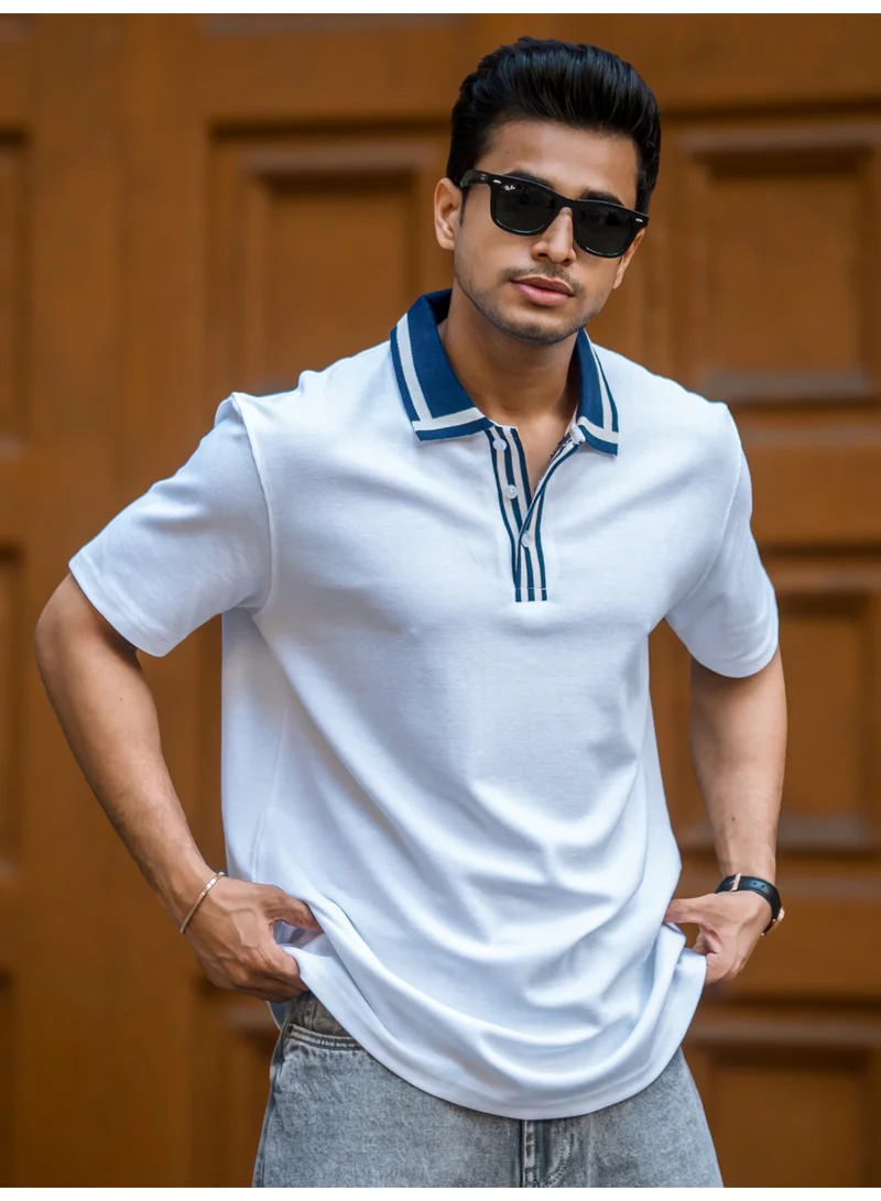 Maniac Maniac Mens Solid Twintone Polo Neck Half Sleeve White and Navy Cotton Polo T-Shirt