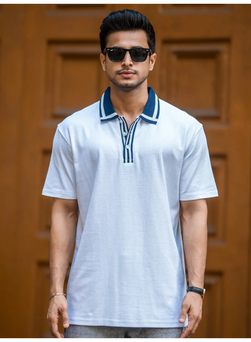 Maniac Maniac Mens Solid Twintone Polo Neck Half Sleeve White and Navy Cotton Polo T-Shirt