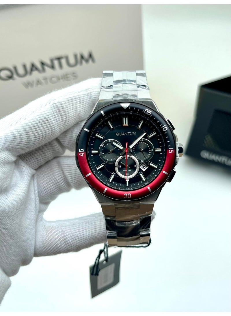 Quantum Men's Sport Steel Functional Calendar Original Wristwatch + Genuine Leather Card Holder Wallet Gift  - Image 1