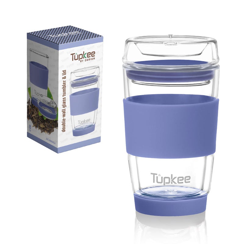 Tupkee Double Wall Glass Tumbler  8Ounce All Glass Hand Blown Reusable Insulated TeaCoffee Mug  Lid Travel Mug  Jacaranda