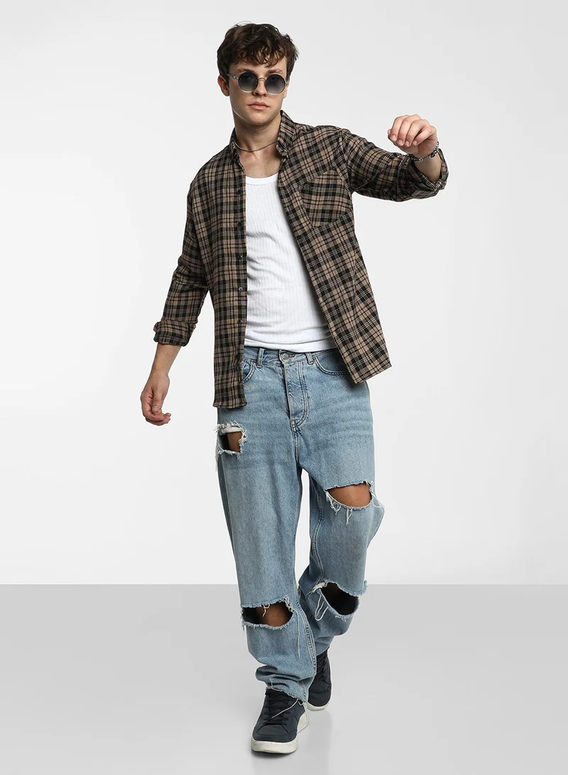كامبوس سوترا Men's Tan Brown & Charcoal Black Tartan Plaid Shirt