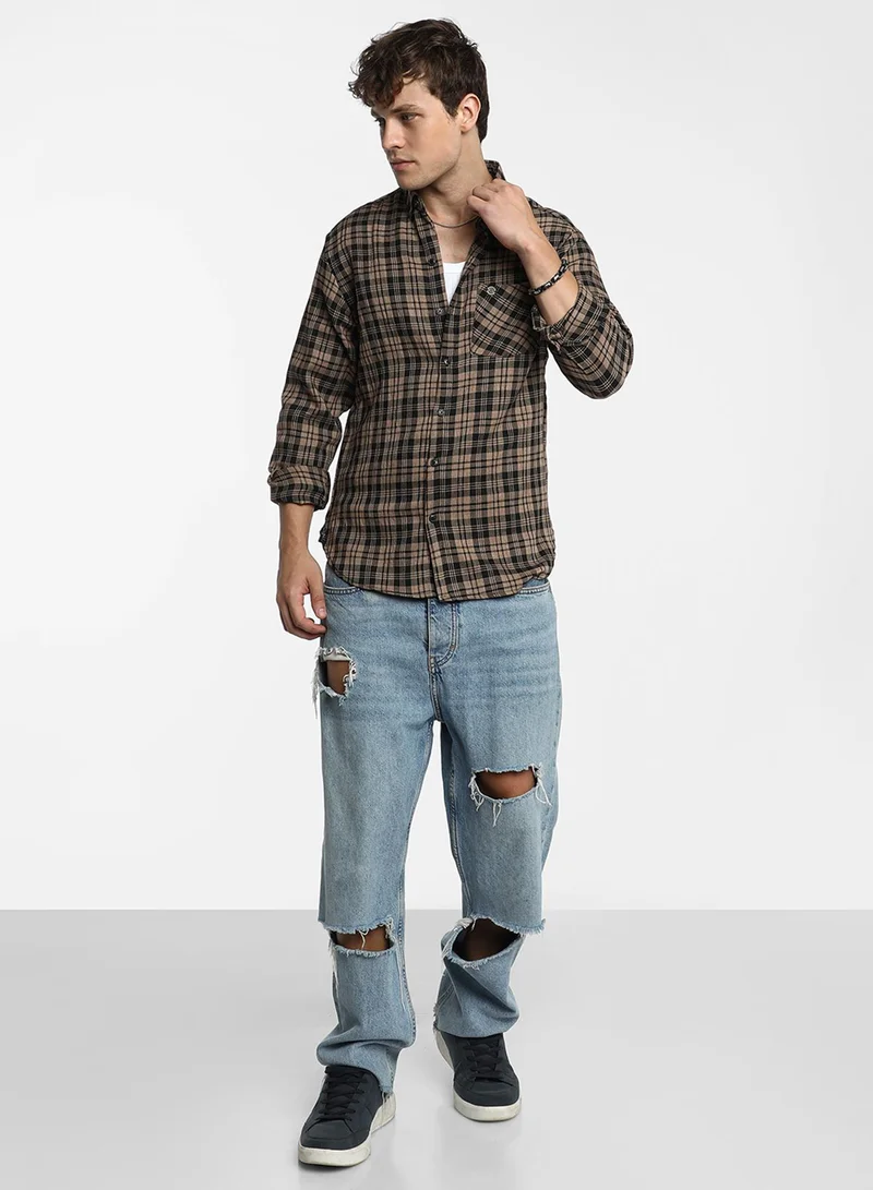 كامبوس سوترا Men's Tan Brown & Charcoal Black Tartan Plaid Shirt