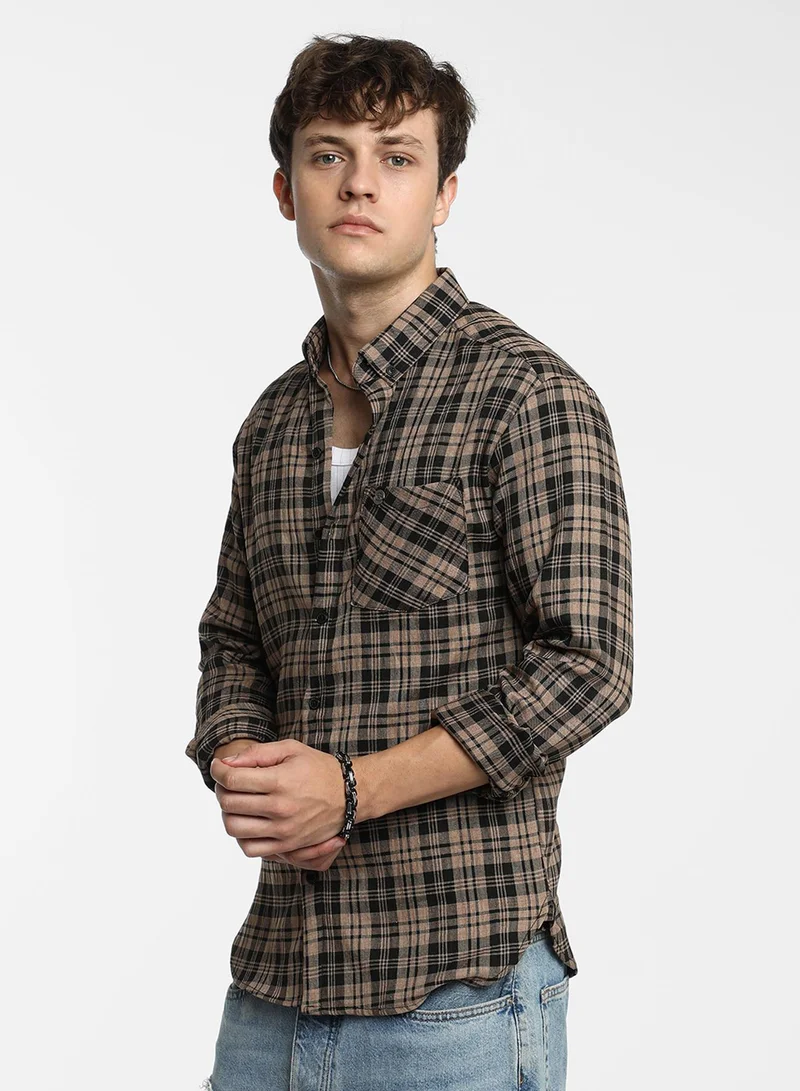 كامبوس سوترا Men's Tan Brown & Charcoal Black Tartan Plaid Shirt