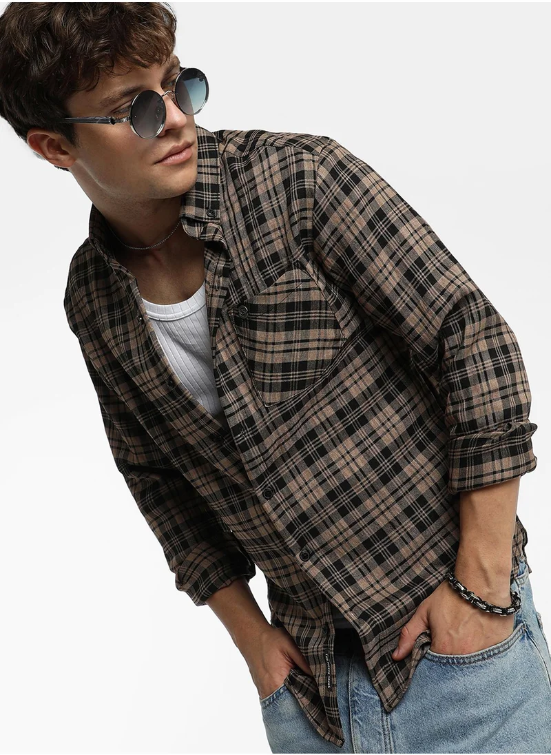 Campus Sutra Men's Tan Brown & Charcoal Black Tartan Plaid Shirt