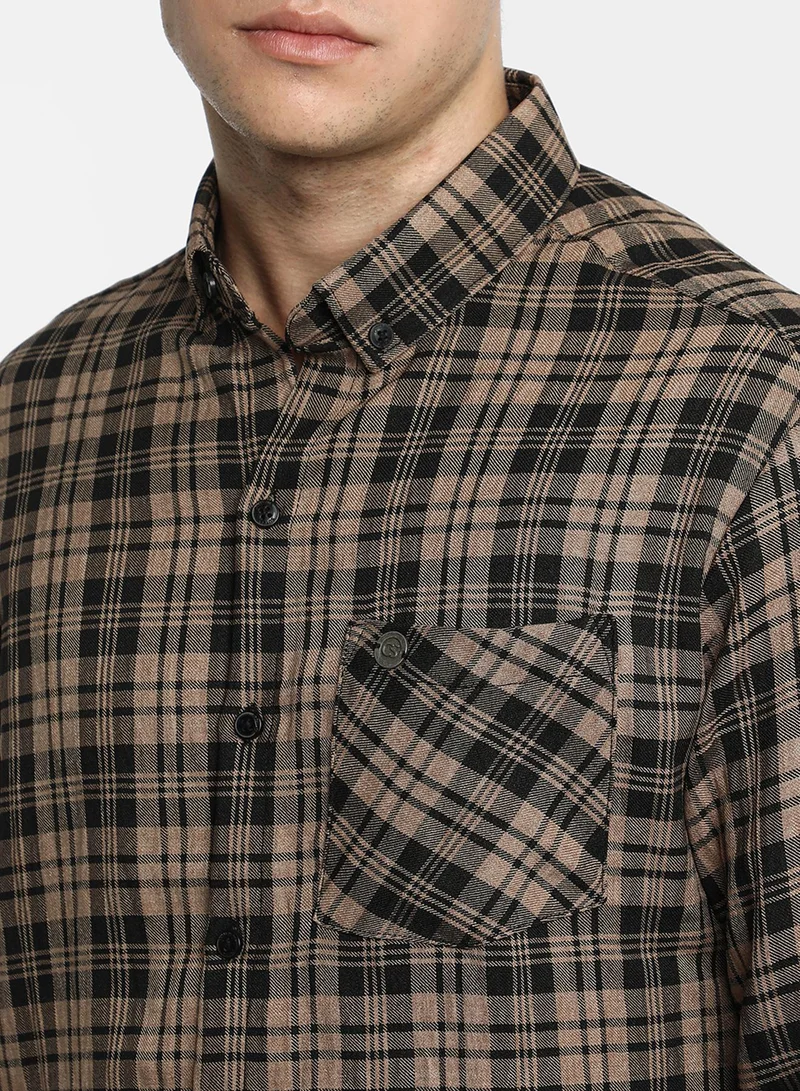 كامبوس سوترا Men's Tan Brown & Charcoal Black Tartan Plaid Shirt