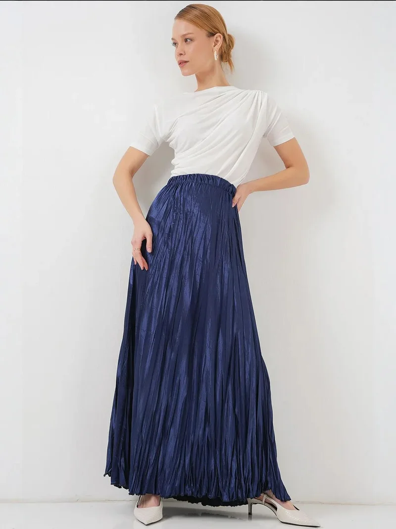 Big Dart Navy Blue BDART Textured Maxi Skirt with Elastic Waist for Women | Best Price UAE