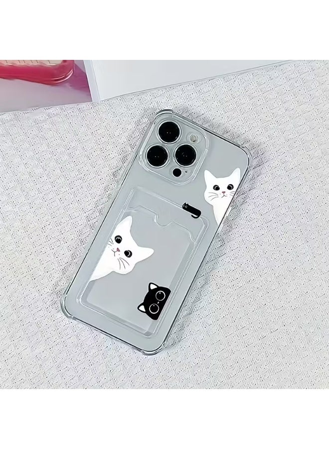 Temu A transparent mobile phone case with a creative black and white cat pattern, complete with a card holder, suitable for iPhone 14 Pro. - Image 2