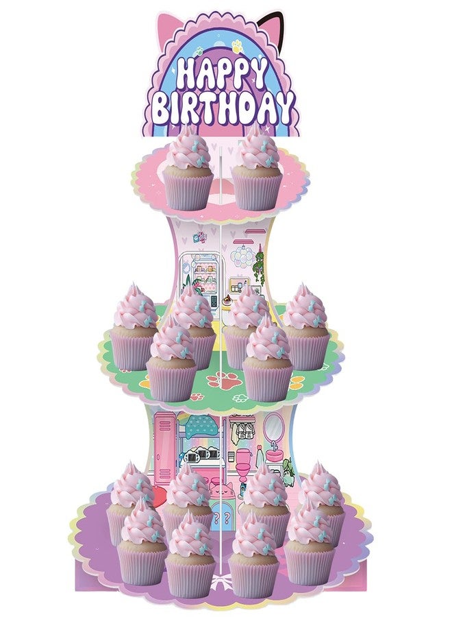 NF orange 3-Tier Cartoon Doll House Cupcake Stand,Pink Cat Birthday Dessert Stand Doll House Theme Birthday Supplies - Image 1
