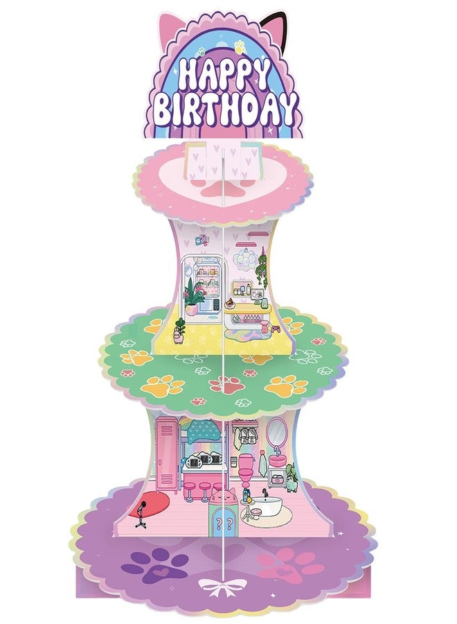 NF orange 3-Tier Cartoon Doll House Cupcake Stand,Pink Cat Birthday Dessert Stand Doll House Theme Birthday Supplies - Image 4
