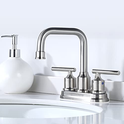 WOWOW Centerset Bathroom Faucet Brushed Nickel: 4 Inch Bathroom Sink Faucets with Lift Rod Drain Assembly Vanity Faucet 2 Handle High Arc Taps Modern - Image 2