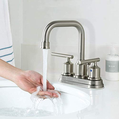 WOWOW Centerset Bathroom Faucet Brushed Nickel: 4 Inch Bathroom Sink Faucets with Lift Rod Drain Assembly Vanity Faucet 2 Handle High Arc Taps Modern - Image 3