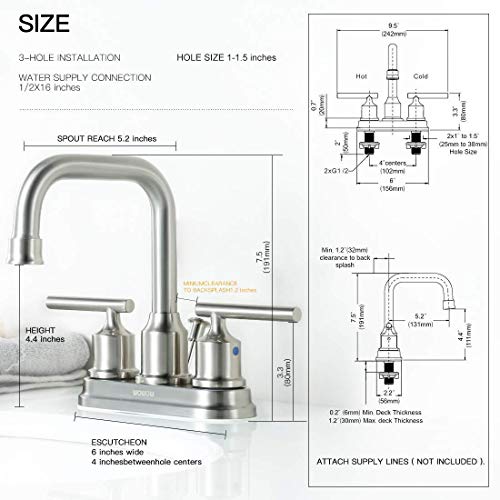 WOWOW Centerset Bathroom Faucet Brushed Nickel: 4 Inch Bathroom Sink Faucets with Lift Rod Drain Assembly Vanity Faucet 2 Handle High Arc Taps Modern - Image 4