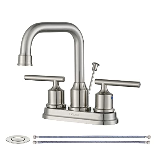 WOWOW Centerset Bathroom Faucet Brushed Nickel: 4 Inch Bathroom Sink Faucets with Lift Rod Drain Assembly Vanity Faucet 2 Handle High Arc Taps Modern - Image 1