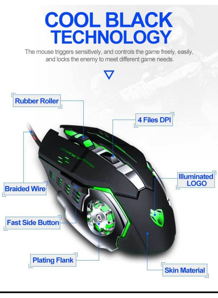 T-WOLF The T-WOLF V6 e-sports gaming mechanical mouse is a high-performance USB wired mouse designed specifically for gaming, with 4 levels (1200-1800-2400-3600 DPI switching). The mouse is made of ABS+metal brushed bottom material and supports 7-color cyclic breathing light effect, - Image 2
