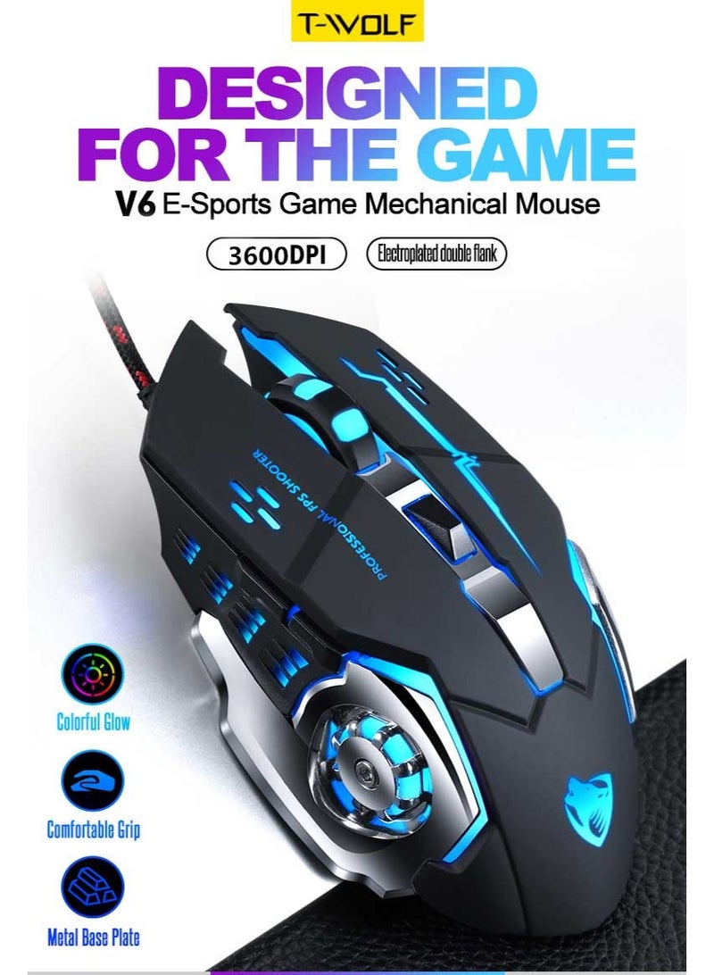 T-WOLF The T-WOLF V6 e-sports gaming mechanical mouse is a high-performance USB wired mouse designed specifically for gaming, with 4 levels (1200-1800-2400-3600 DPI switching). The mouse is made of ABS+metal brushed bottom material and supports 7-color cyclic breathing light effect, - Image 1