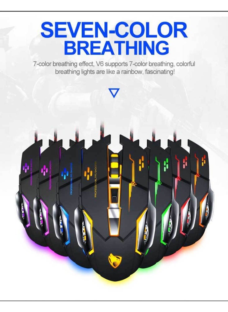 T-WOLF The T-WOLF V6 e-sports gaming mechanical mouse is a high-performance USB wired mouse designed specifically for gaming, with 4 levels (1200-1800-2400-3600 DPI switching). The mouse is made of ABS+metal brushed bottom material and supports 7-color cyclic breathing light effect, - Image 3