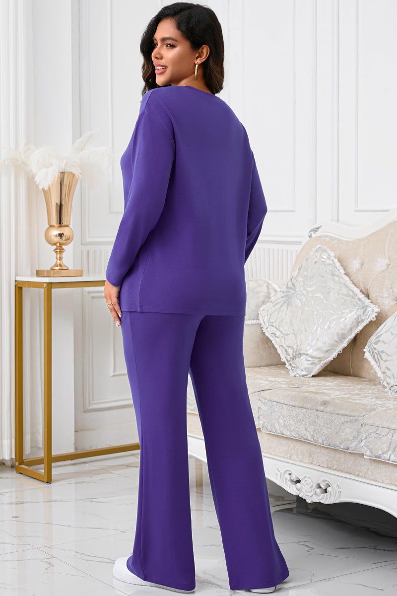 CLOCOR 2 Piece Outfits for Women - Casual Baggy Long Sleeve Top Flare Pants Tracksuits Matching Lounge Set Purple XL - Image 5