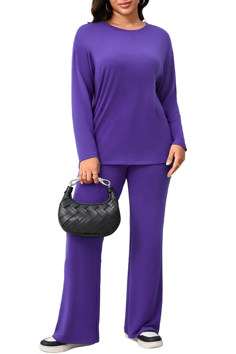 CLOCOR 2 Piece Outfits for Women - Casual Baggy Long Sleeve Top Flare Pants Tracksuits Matching Lounge Set Purple XL - Image 1