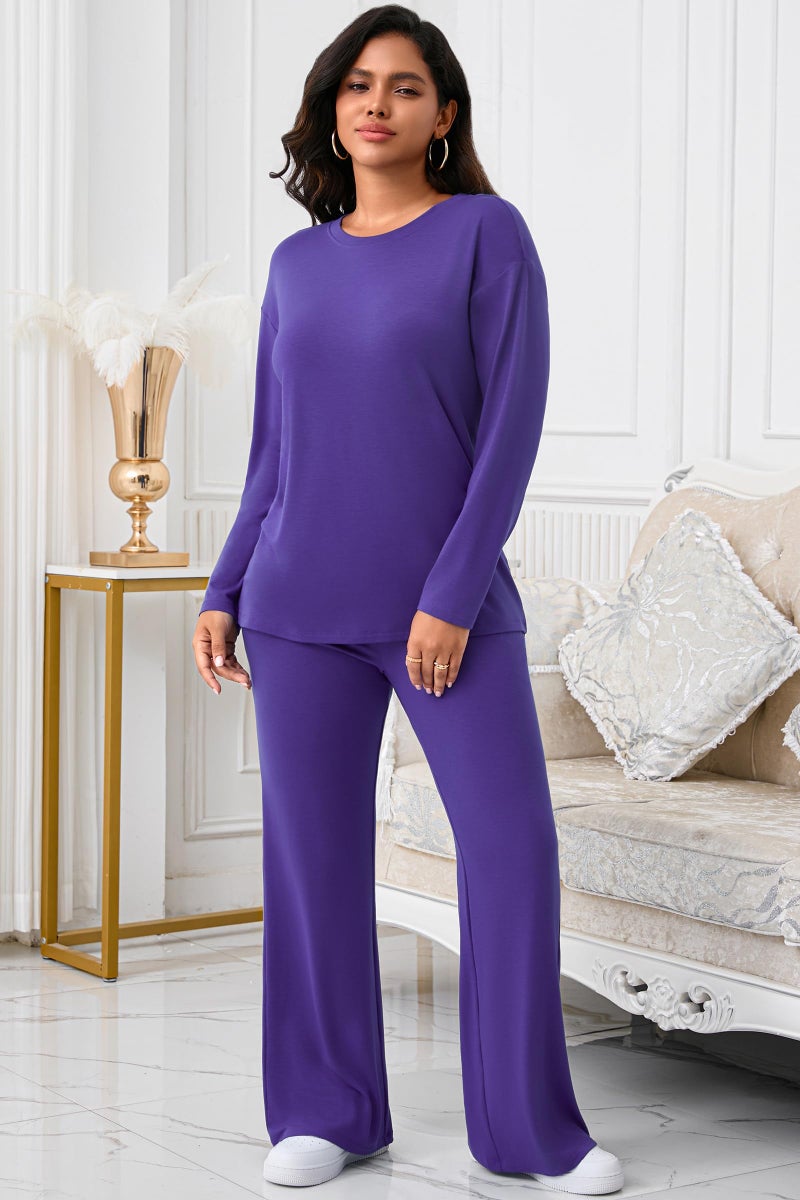 CLOCOR 2 Piece Outfits for Women - Casual Baggy Long Sleeve Top Flare Pants Tracksuits Matching Lounge Set Purple XL - Image 3