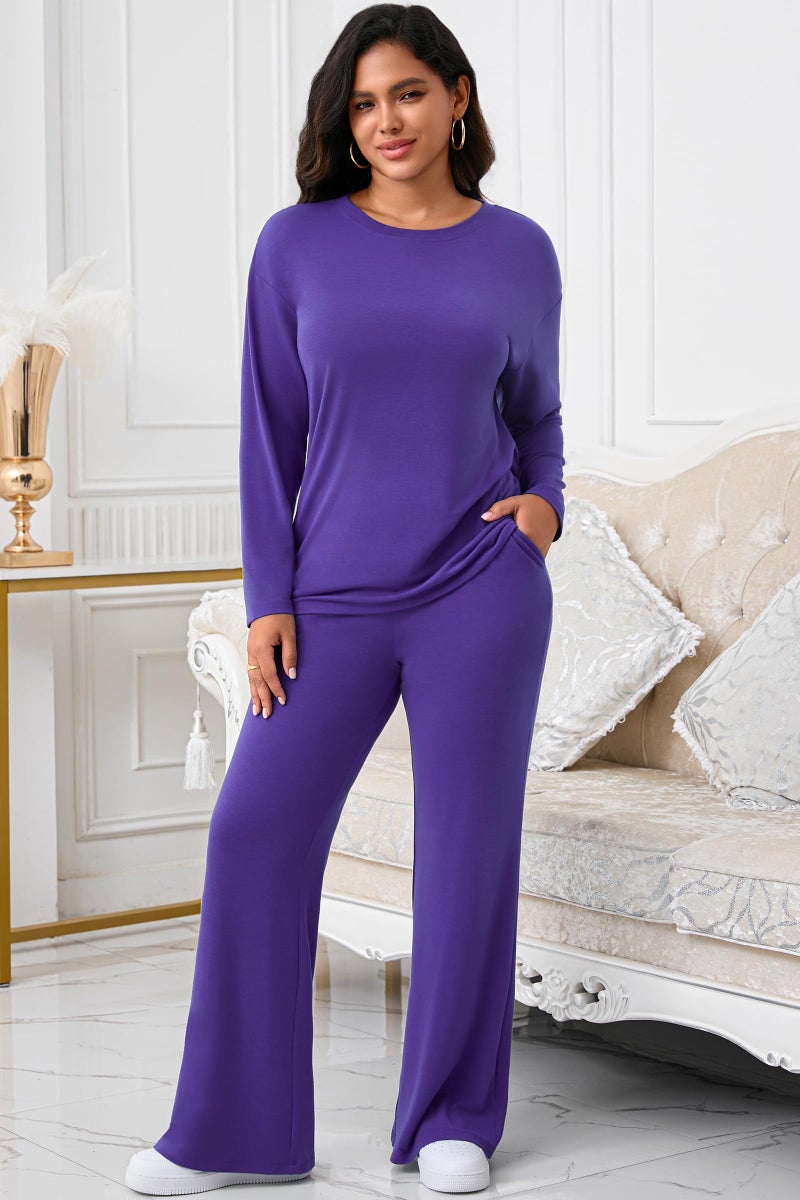 CLOCOR 2 Piece Outfits for Women - Casual Baggy Long Sleeve Top Flare Pants Tracksuits Matching Lounge Set Purple XL - Image 2