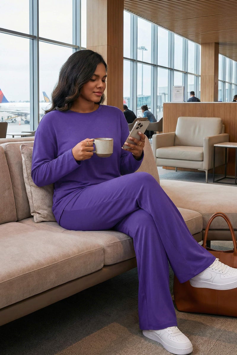 CLOCOR 2 Piece Outfits for Women - Casual Baggy Long Sleeve Top Flare Pants Tracksuits Matching Lounge Set Purple XL - Image 4