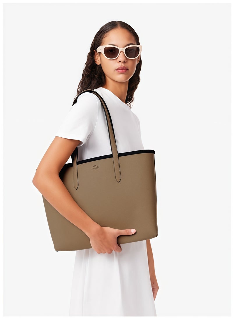 لاكوست حقيبة يد نسائية مزدوجة الوجهين بلونين سعة كبيرة، عصرية متعددة الوظائف، أسود/بني - Image 2