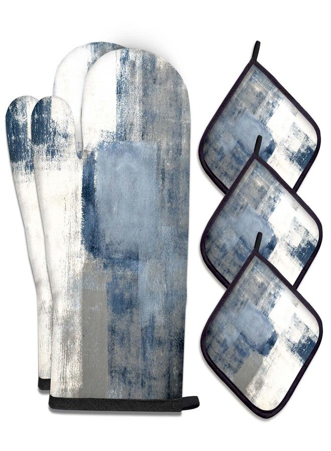 MCALK 5 Pcs Blue Oven Mitts and Pot Holders Sets, Grey Oven Gloves and Hot Pads for Kitchen Cooking, Abstract Modern Art Oven Mitt Potholder is Both Functional and Decorative - Image 1