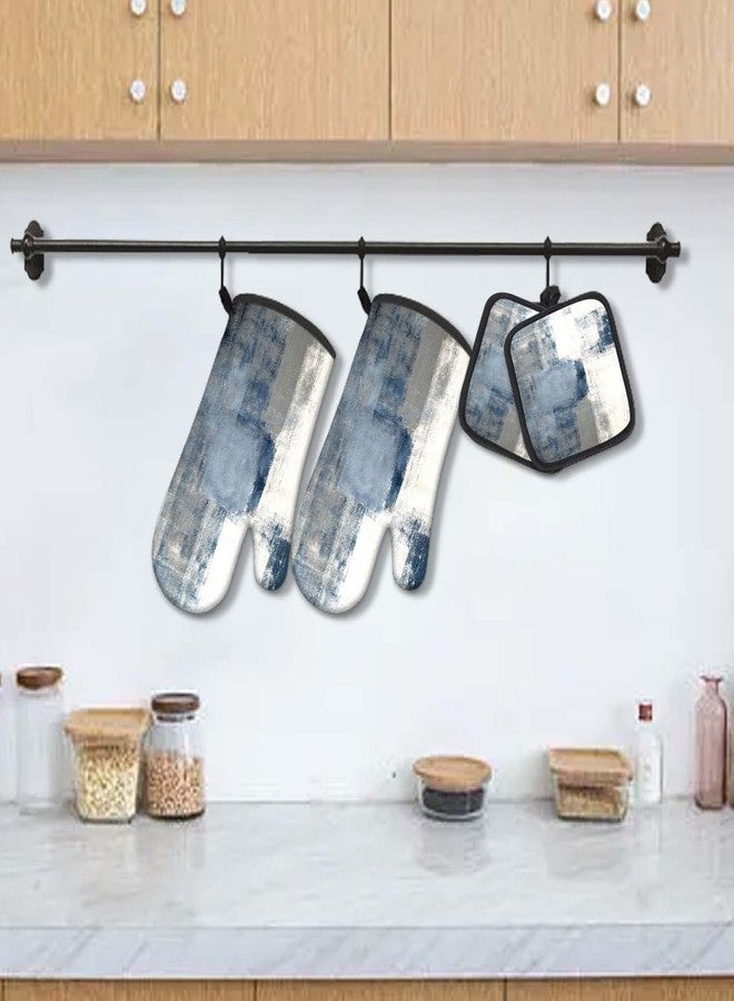 MCALK 5 Pcs Blue Oven Mitts and Pot Holders Sets, Grey Oven Gloves and Hot Pads for Kitchen Cooking, Abstract Modern Art Oven Mitt Potholder is Both Functional and Decorative - Image 2