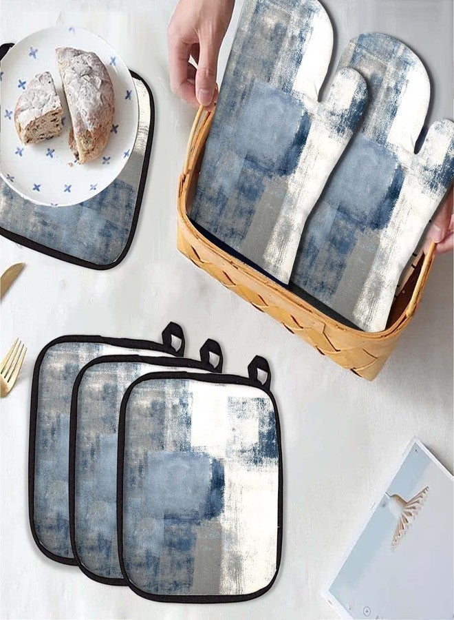 MCALK 5 Pcs Blue Oven Mitts and Pot Holders Sets, Grey Oven Gloves and Hot Pads for Kitchen Cooking, Abstract Modern Art Oven Mitt Potholder is Both Functional and Decorative - Image 3