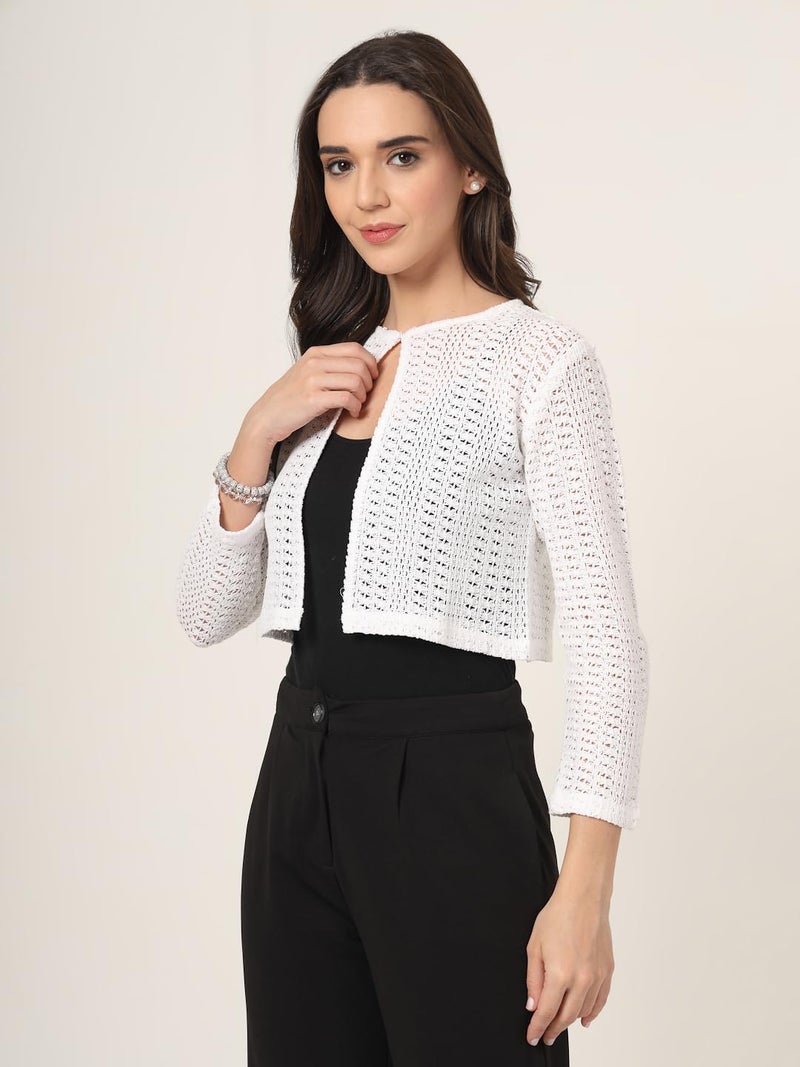 Style Quotient Women White Solid Lace Shrug - Image 3