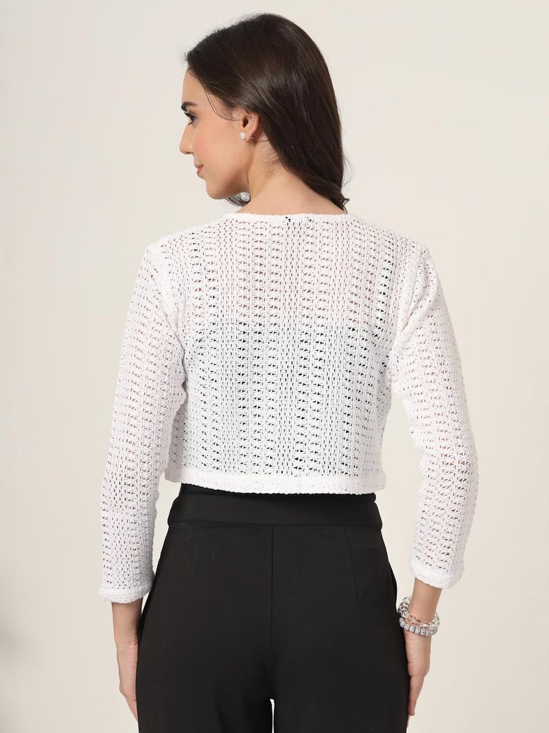 Style Quotient Women White Solid Lace Shrug - Image 4