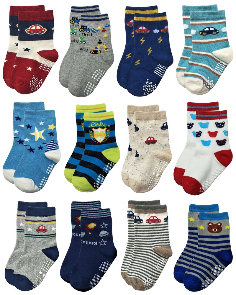 RATIVE Non Skid Anti Slip Cotton Crew Baby Babies Infant Infants Socks for Boy Boys 69 6 9 12 Month Months Old With Walker Grip Grippers 612 Months12pairsRB71218