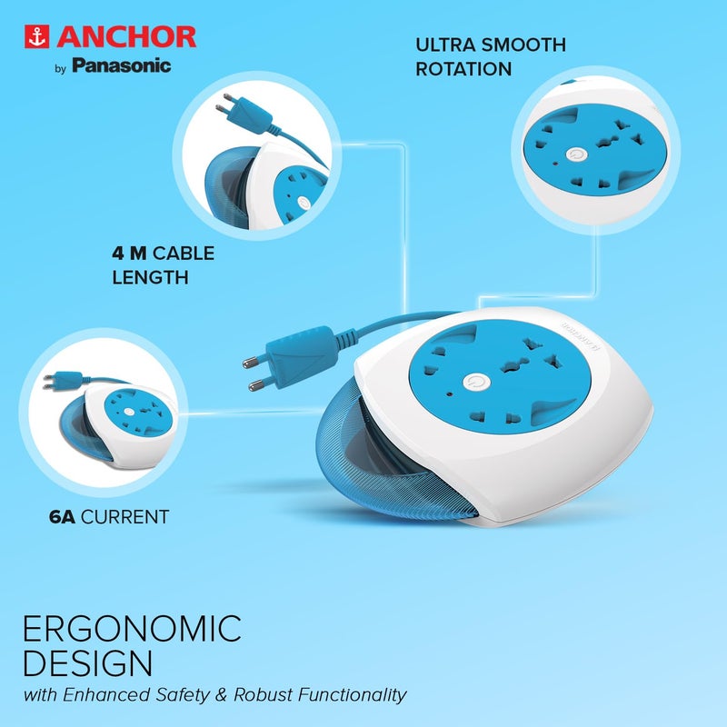 Anchor by Panasonic 6A 2 Pin Felx Box with 4 Mtr Cord | Universal Socket Switch Board With Indicator (Blue & White) - Image 3