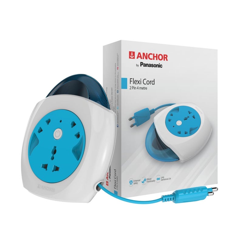 Anchor by Panasonic 6A 2 Pin Felx Box with 4 Mtr Cord | Universal Socket Switch Board With Indicator (Blue & White) - Image 1