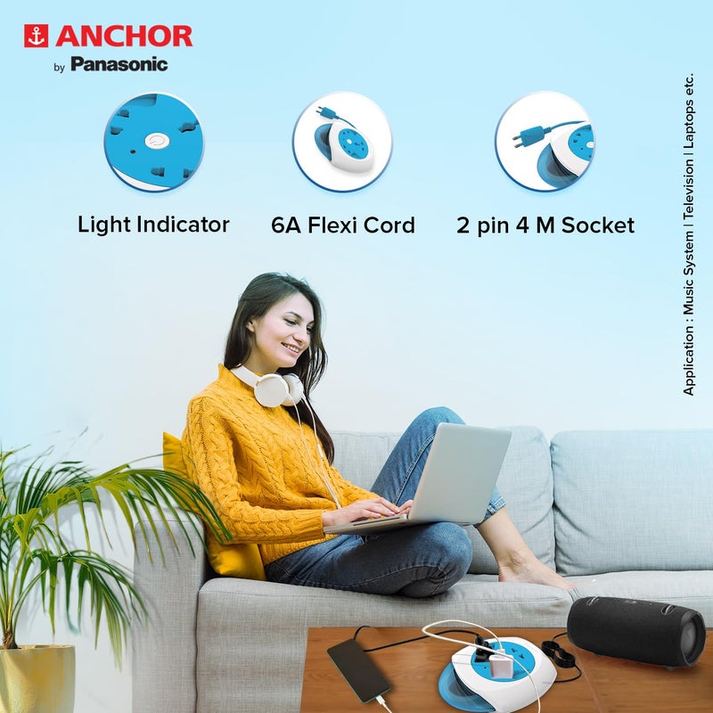Anchor by Panasonic 6A 2 Pin Felx Box with 4 Mtr Cord | Universal Socket Switch Board With Indicator (Blue & White) - Image 4
