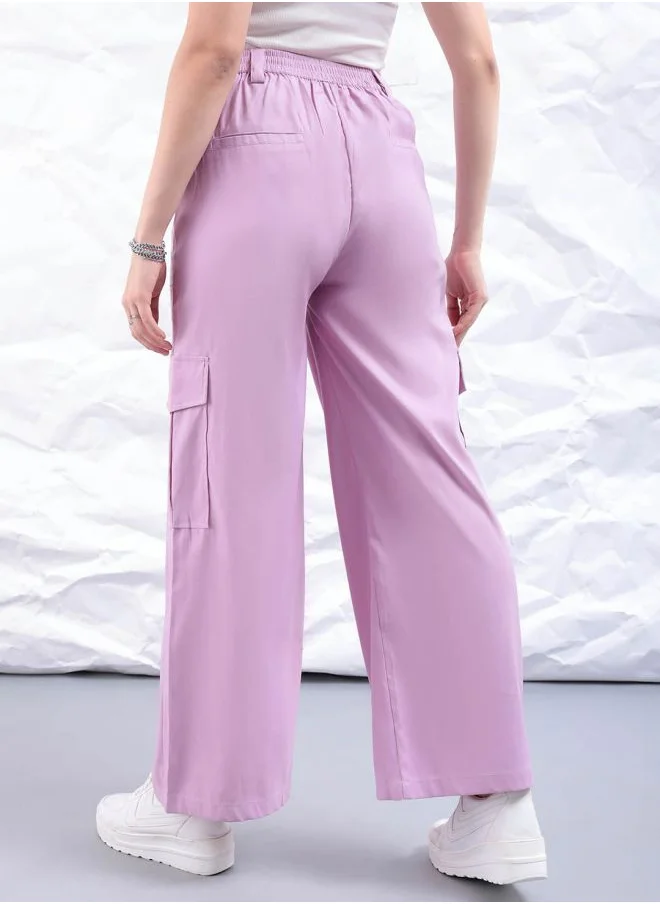 Freehand Women Flared Solid Mid-Rise Elasticated Cargo Trousers