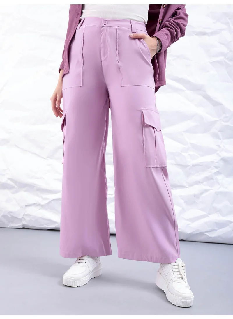 مرفوعة Lilac Women Flare Casual Solid Regular Elasticated Cargo Trouser