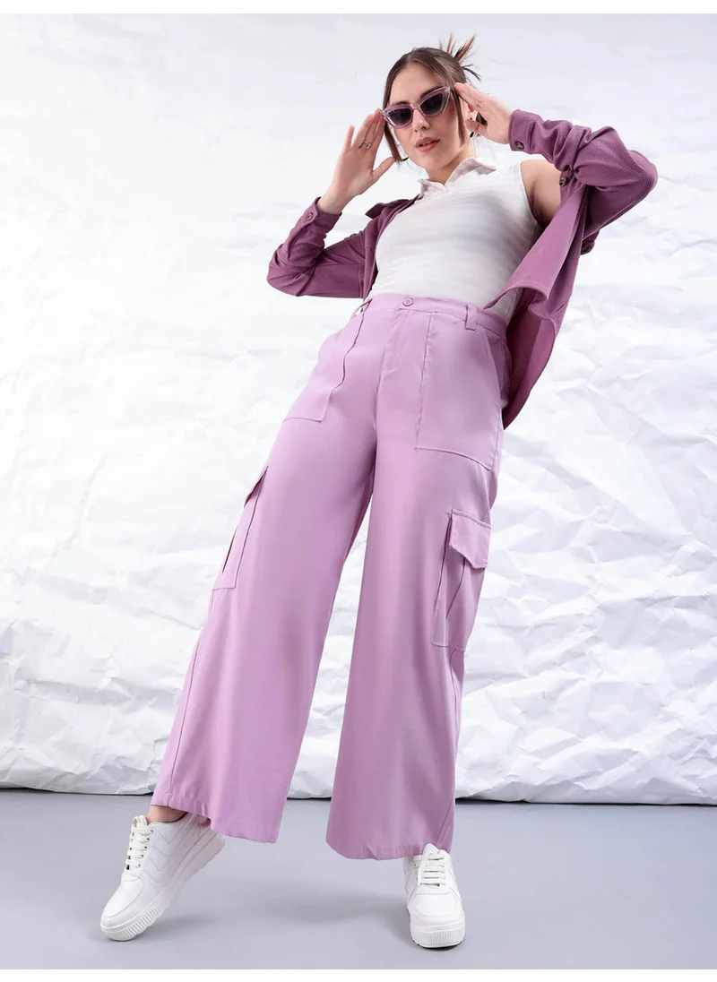 مرفوعة Lilac Women Flare Casual Solid Regular Elasticated Cargo Trouser