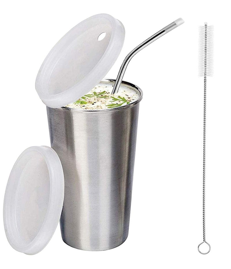 NOBILEA Stainless Steel GlassTumbler withFree Lid Cleaning Brush Lid 100 Leak Proof 370ml Silver - Image 1