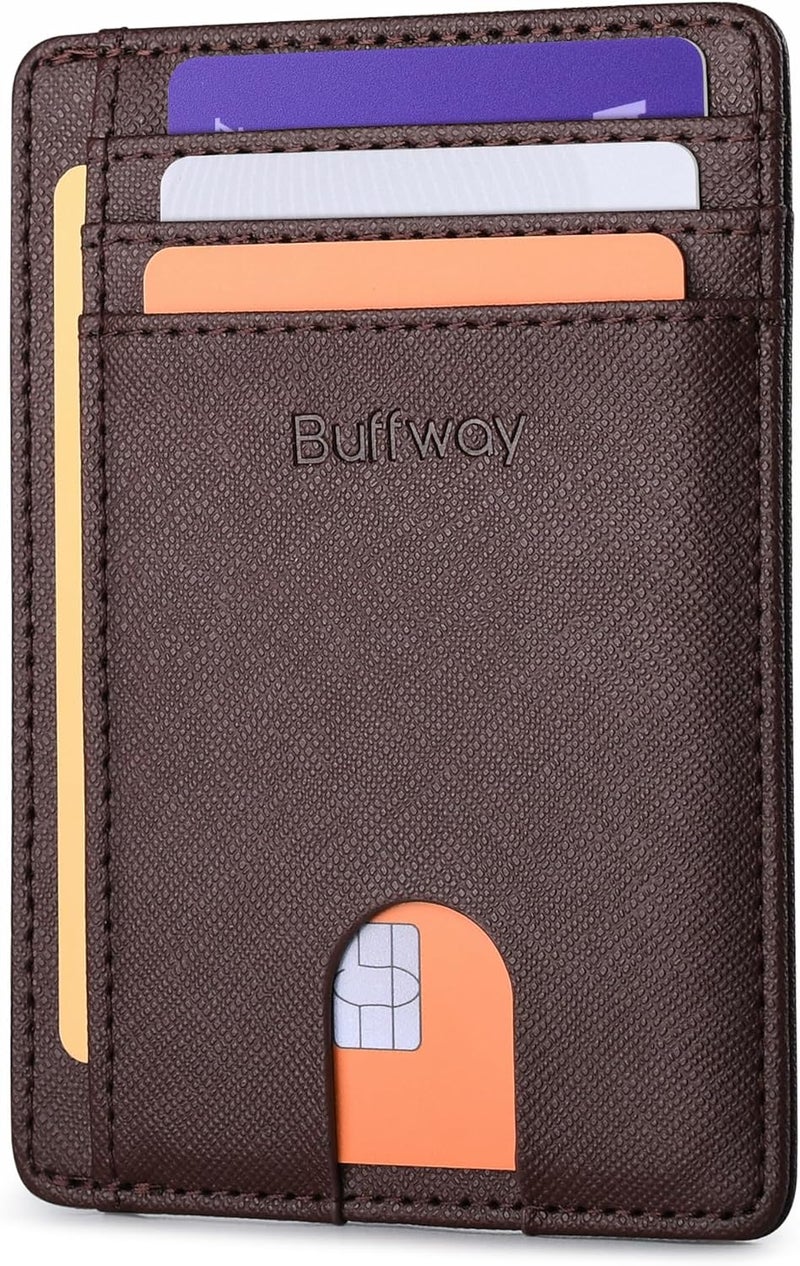 Buffway Slim Minimalist Front Pocket RFID Blocking Leather Wallets for Men and Women - Cross Coffee - Image 1