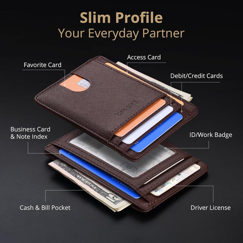 Buffway Slim Minimalist Front Pocket RFID Blocking Leather Wallets for Men and Women - Cross Coffee - Image 3