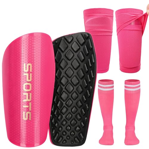RGJ Soccer Shin Guards for Kids Youth, Toddler Shin Pads with Sleeves and Long Soccer Socks for Age 2-12 Boys & Girls Toddler Children Teenagers, Protective Lightweight Soccer Equipment (Pink-M) - Image 1