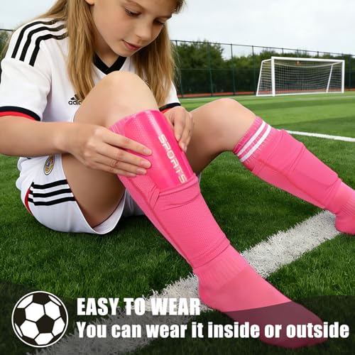 RGJ Soccer Shin Guards for Kids Youth, Toddler Shin Pads with Sleeves and Long Soccer Socks for Age 2-12 Boys & Girls Toddler Children Teenagers, Protective Lightweight Soccer Equipment (Pink-M) - Image 5