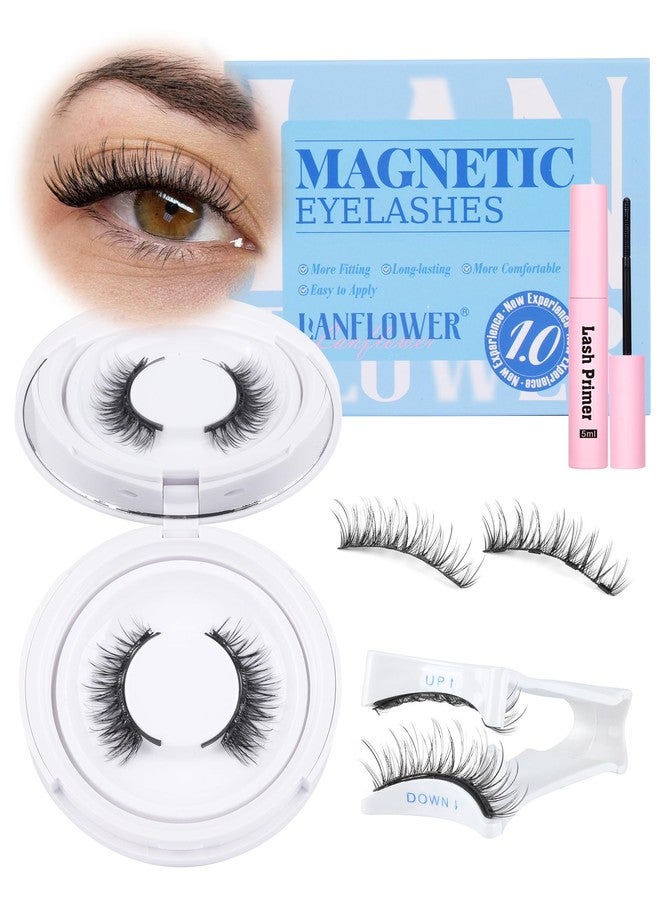 Lanflower Magnetic Eyelashes with Applicator Natural Look Magnetic Lashes with Lash Primer Wispy Magnetic Eyelashes Natural Look Reusable Cat Eye Lashes with Magnets No Need Glue - Image 1