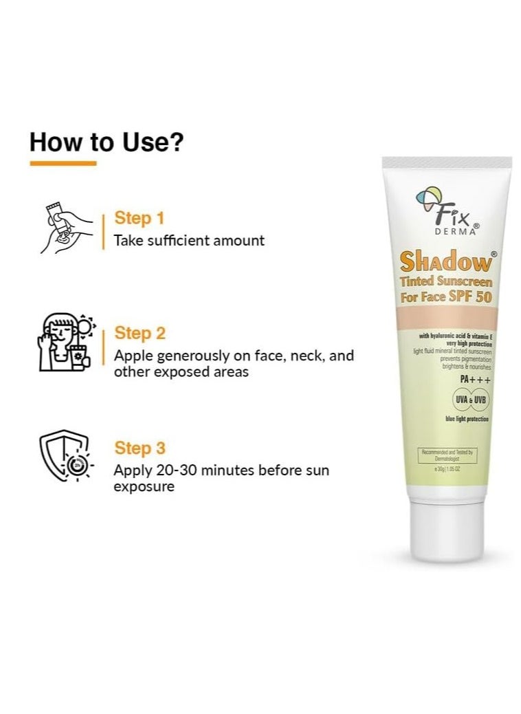 Fixderma Shadow Tinted Sunscreen SPF 50 PA+++ | Sunscreen with Vitamin E | UVA & UVB Protection | For All Skin Types - 30gm