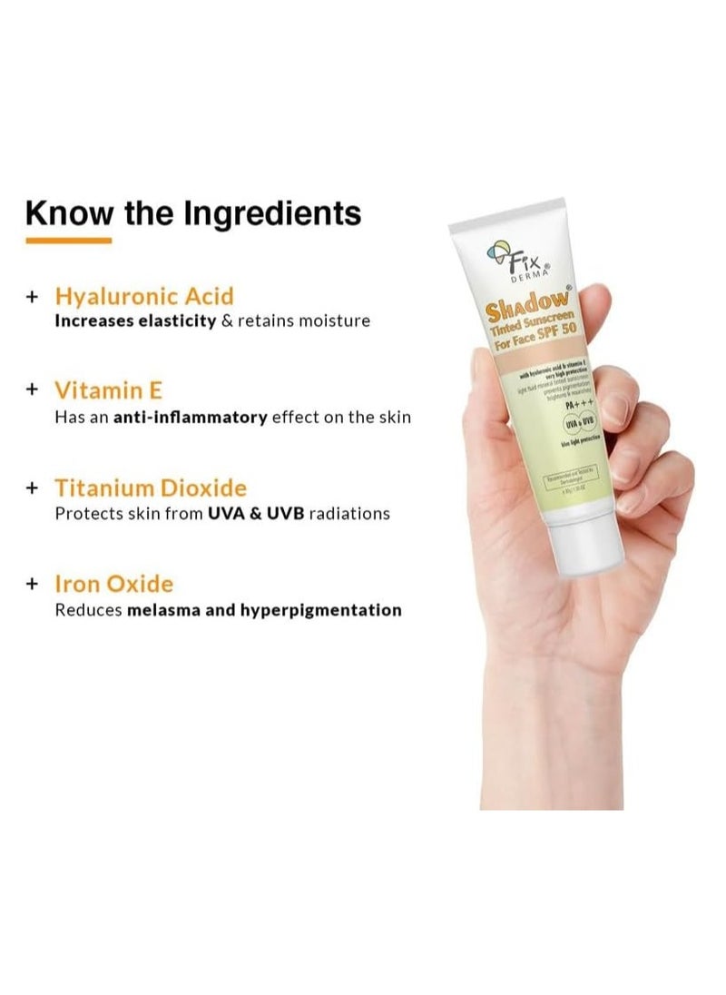 Fixderma Shadow Tinted Sunscreen SPF 50 PA+++ | Sunscreen with Vitamin E | UVA & UVB Protection | For All Skin Types - 30gm