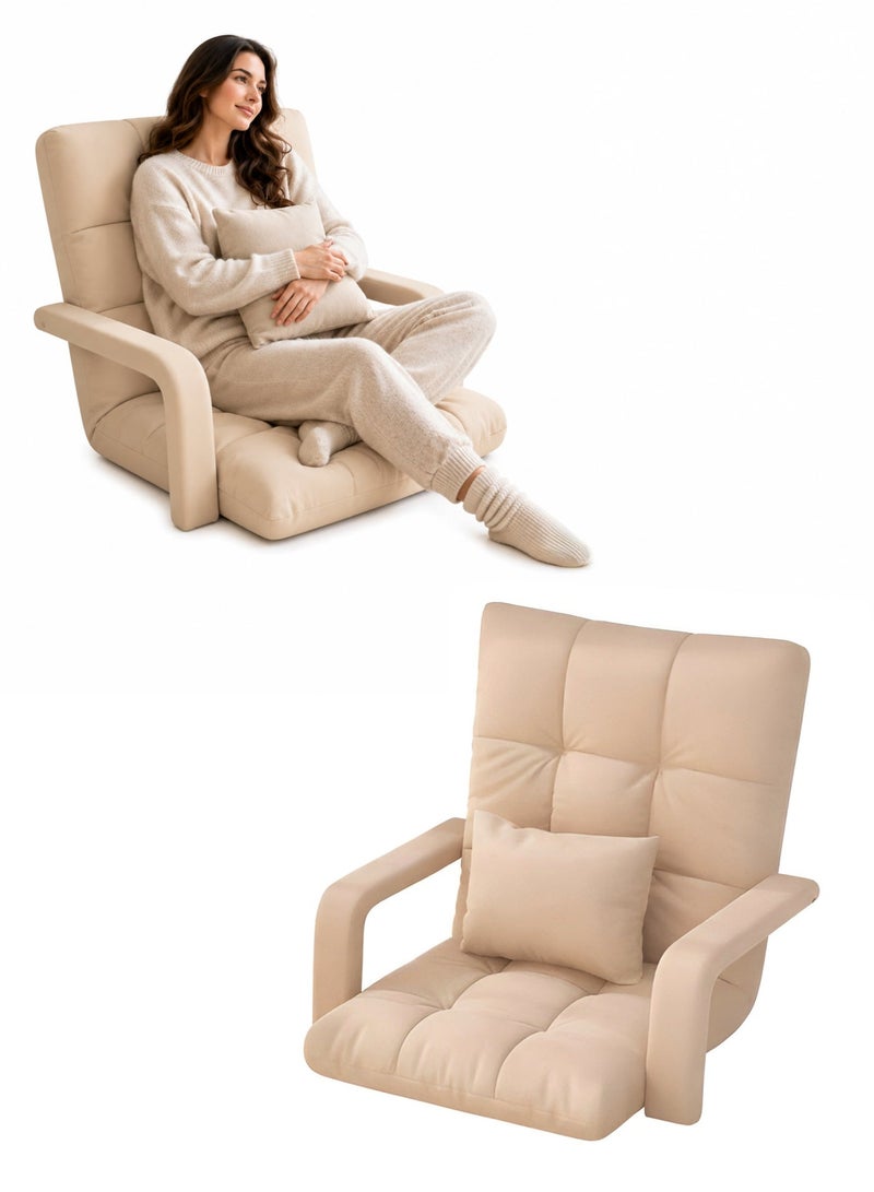 Toshionics Adjustable Floor Chair with Back Support and Armrests – 6-Position Folding Lazy Sofa Recliner with Pillow, Ergonomic Meditation and Gaming Chair, Padded Floor Seating Couch (Beige, 150kg Capacity) - Image 1